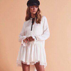 Tularosa Revolve Malia Mini Dress Shift Ivory Neck Tie Ruffle flare Sleeve XS